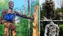 Stunningly Realistic: Movie Characters Brought to Life as Wooden Sculptures in Enchanting Forest and Coastal Settings