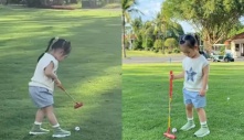 Chuẩn con đại gia, con gái Cường Đô La – Đàm Thu Trang lộ ảnh chơi golf từ khi mới hơn một tuổi