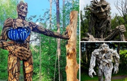 Stunningly Realistic: Movie Characters Brought to Life as Wooden Sculptures in Enchanting Forest and Coastal Settings