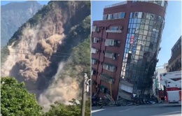 7.4-magnitude earthquake hits Taiwan, Leaning high-rise building